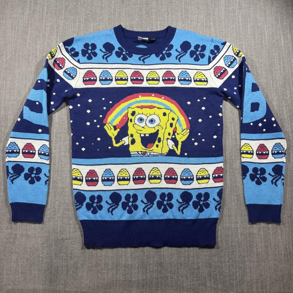 SpongeBob SquarePants‎ Sweater Mens Medium Blue Rainbow Ugly Holiday Pullover